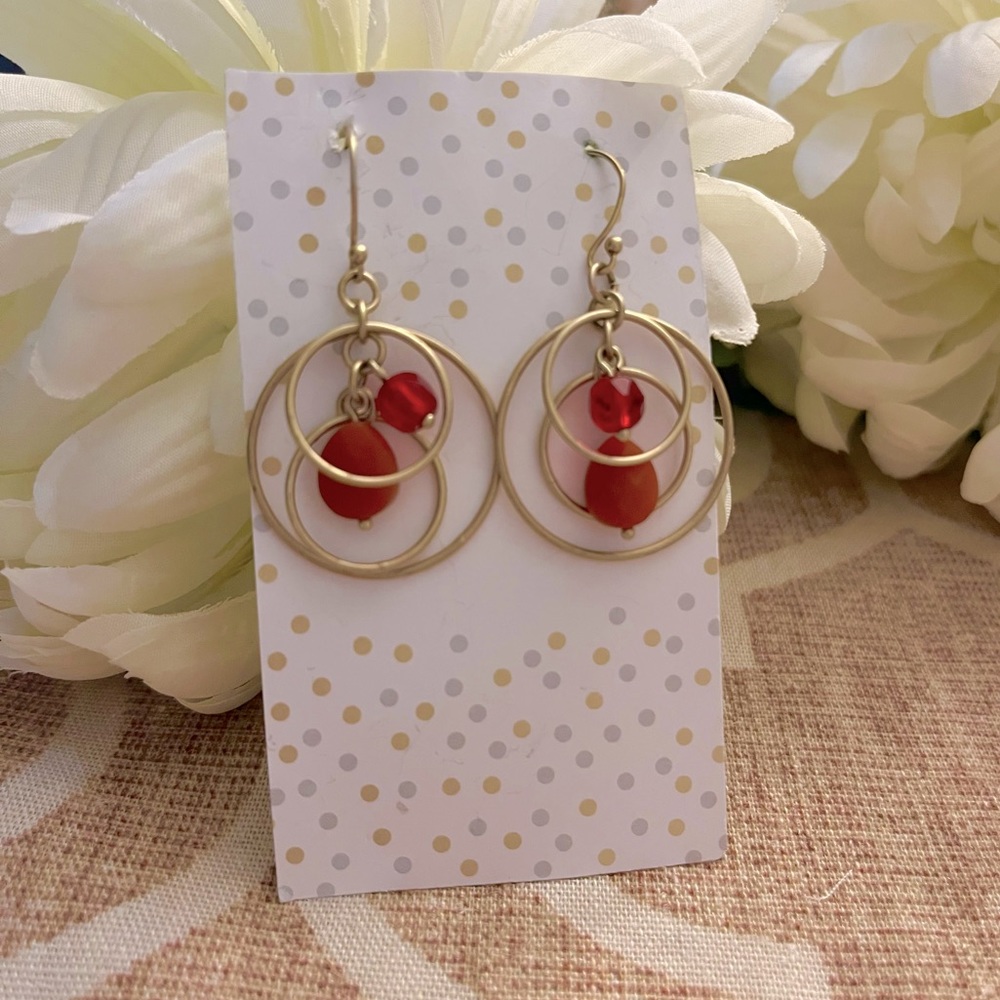Gold Hoop Earrings with Red Beads